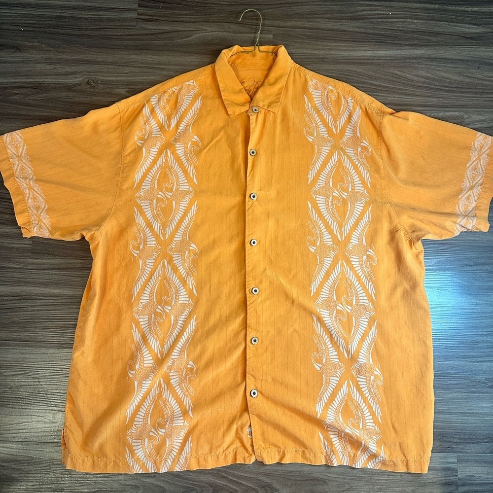 Tommy Bahama Orange Silk Hawaiian Shirt XXL Crane‎ Print Camp Shirt